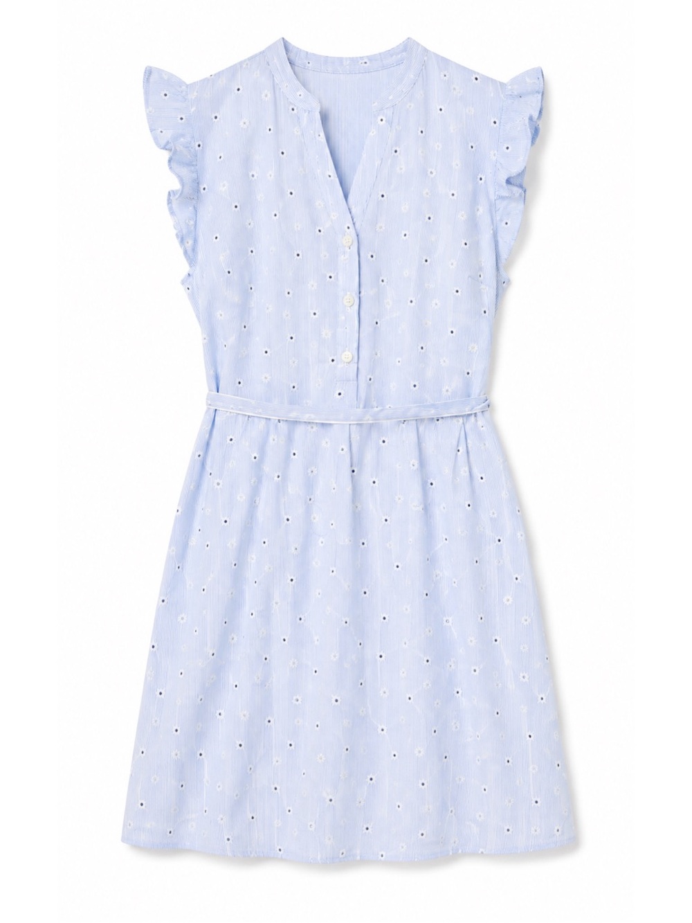 Old Navy Light Blue Pinstripe Floral Print Ruffle Sleeve Belted Dress Womens M